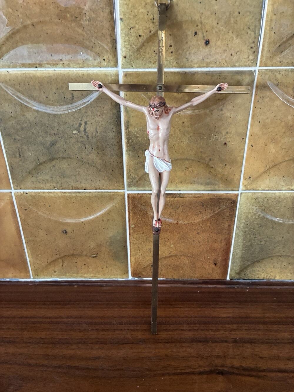 Vintage Resin on Brass Crucifix/ Jesus On Cross/ Religious Decor/ Christianity